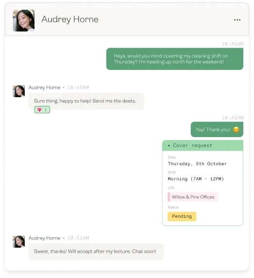 A message thread between workers arranging shift cover